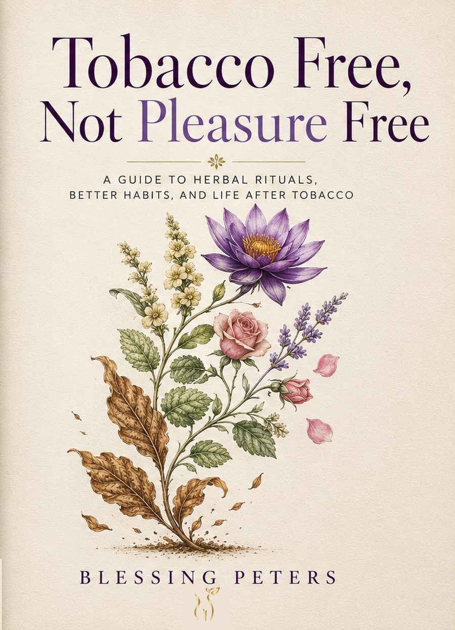 Tobacco Free, Not Pleasure Free book cover, botanical illustration on cream with plum lettering