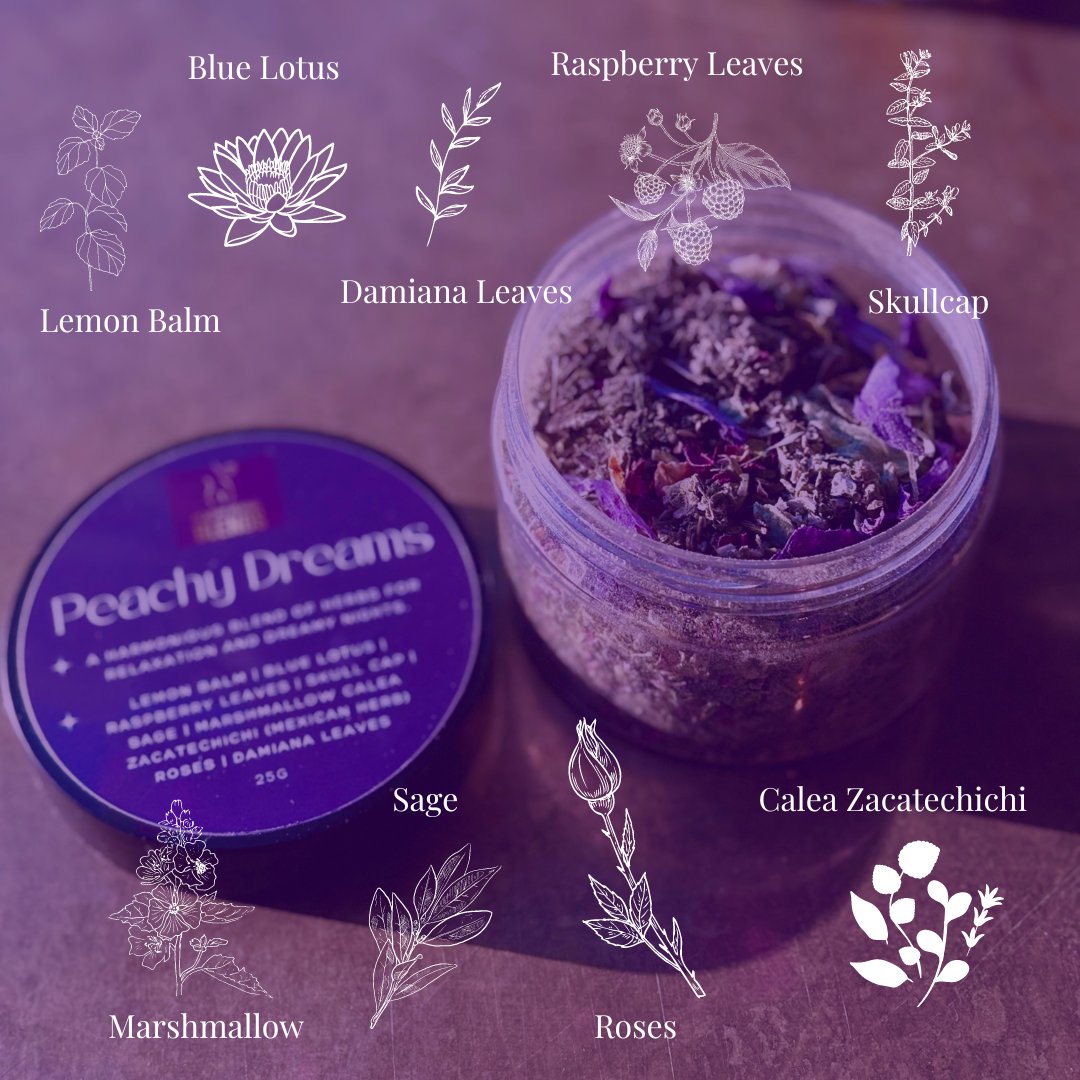 Peachy Dreams ingredients: Lemon Balm, Blue Lotus, Damiana, Raspberry Leaves, Skullcap, Sage, Marshmallow, Roses, Calea Zacatechichi