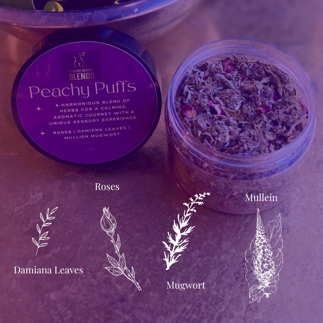Peachy Puffs ingredients: Roses, Damiana Leaves, Mugwort, Mullein